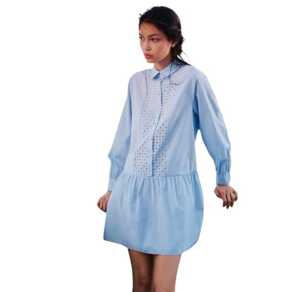 New ZARA Openwork Embroidered Long Sleeve Mini Dress - Picture 2 of 3